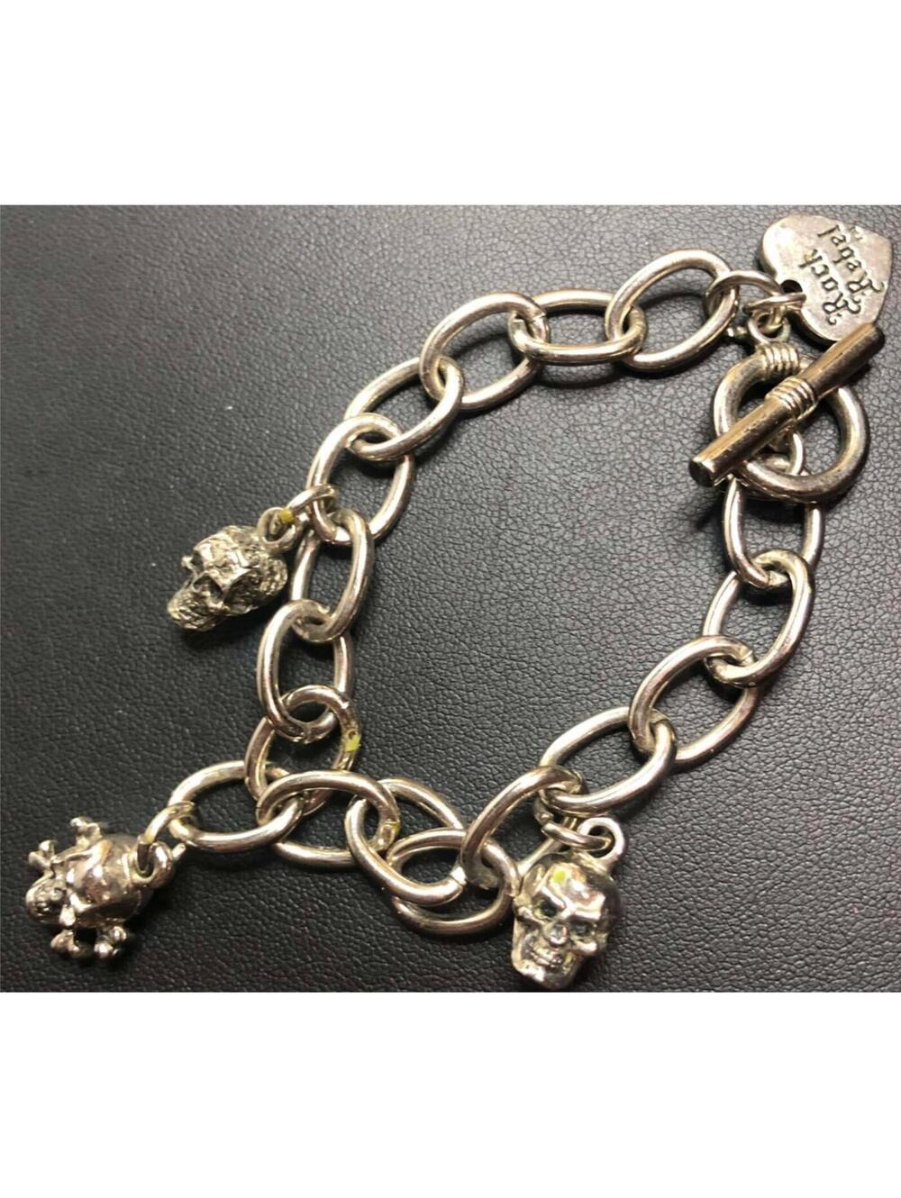 3171 ROCK REBEL silvertone toggle goth skulls Charm Bracelet 7"